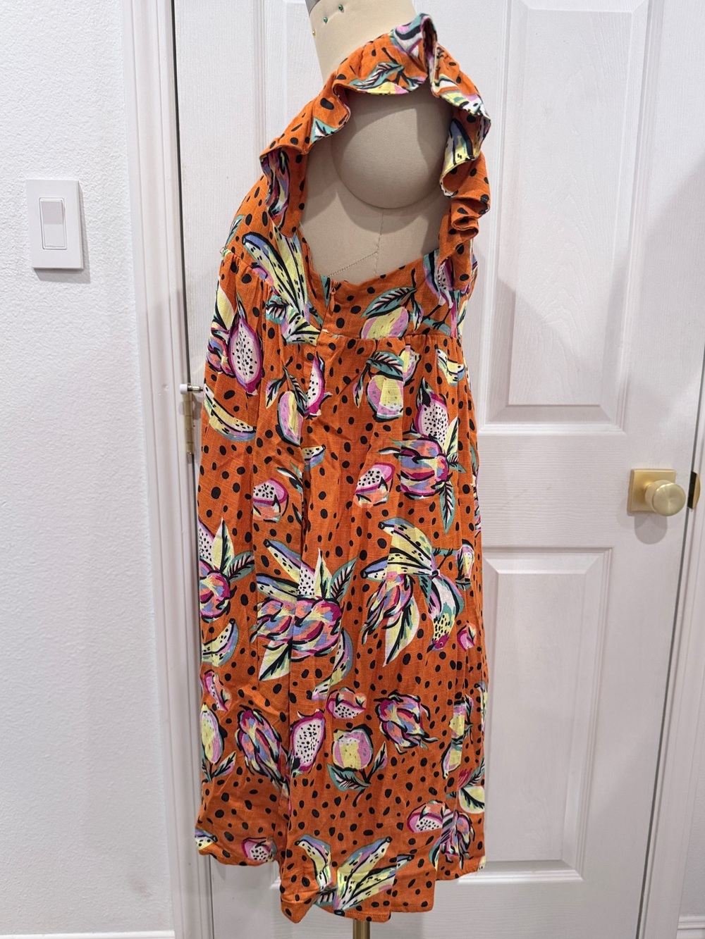 Kourt Women's Orange Fruit Print  Square-Neck Mini Dress with Flutter Sleeves - Picture 7 of 16